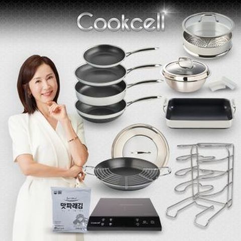 전인화의 쿡셀 세라믹 더블 블랙큐브 프라이팬세트(팬X3+36양수구이팬세트+가마솥22cm(뚜껑포함)+28cm유리뚜껑+30사각팬+28찜기+실리콘손잡이+거치대+NEW인덕션+28소테팬+맛파래김)