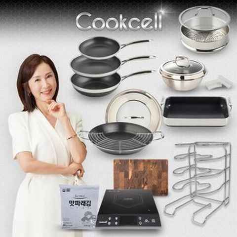 전인화의 쿡셀 세라믹 더블 블랙큐브 프라이팬세트(팬X3+36양수구이팬세트+가마솥22cm(뚜껑)+28유리뚜껑+30사각팬+28찜기+실리콘손잡이+프라이팬거치대+인덕션+미니도마+맛파래김)