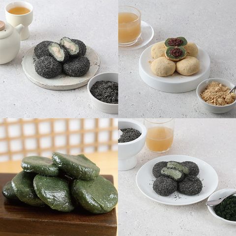 [고수록]생모시 전통떡 4종 세트(개떡4봉+검정깨두텁떡2봉+검정깨인절미2봉+콩고물찹쌀떡2봉, 총 100입)