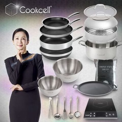 전인화의 블랙큐브 쿡셀 홀로그램 큐브팬 풀세트(팬X4+9리터곰솥(복합유리뚜껑포함)+28cm유리뚜껑+찜기+믹싱볼2종+키친툴5종+쿡셀인덕션+홀로그램원형슬림팬+천일염)