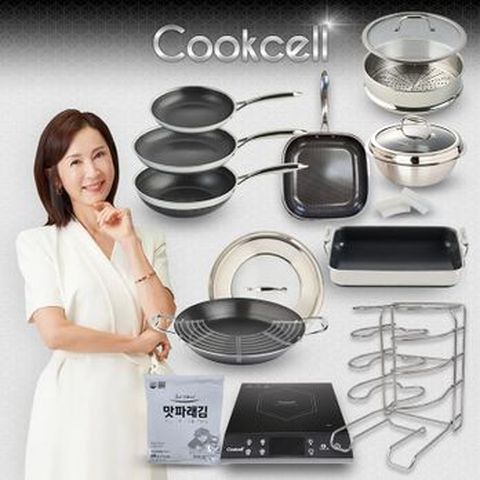 전인화의 쿡셀 세라믹 더블 블랙큐브 프라이팬세트(팬X3+36양수구이팬세트+가마솥22cm(뚜껑)+28유리뚜껑+30사각팬+28찜기+실리콘손잡이+프라이팬거치대+인덕션+26cm정사각팬+맛파래김)