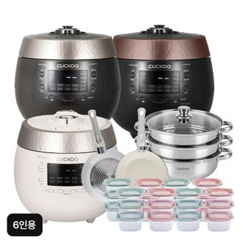 쿠쿠 블랙스톤 6인용 밥솥 CRP-R0695FGW/FGB,0625FBB+퀸나 대용량 스텐 3단 찜기+후라이팬2종+레인지쿡12P+매트리스케어