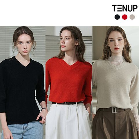 [텐업] 26SS 가먼트다잉 7부 브이넥 니트 3종