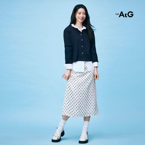 26SS 새틴 도트 미디 스커트