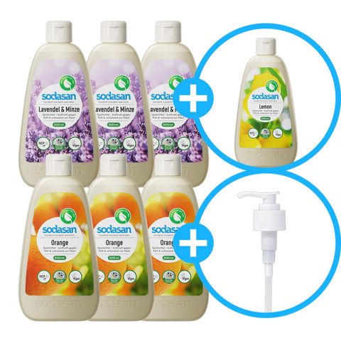 ★이 구성 최초★ 아로마 주방세제 500ml 7통(과일/야채 겸용, 라벤더 3 + 오렌지 3 + 레몬 1) + 전용펌프 1개 + 키친클리너 1개