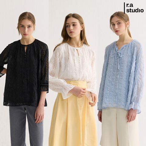라스튜디오 26SS 루렉스얀 시스루 쉬폰 레이스 블라우스 2종