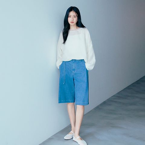26SS 사이드 플리츠 벨티드 버뮤다 데님