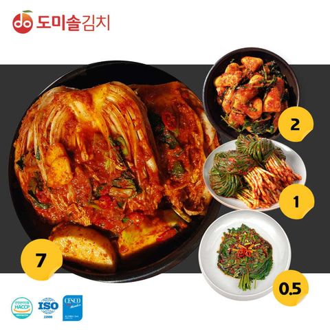 도미솔 김치 4종 총10.5kg(포기김치 7kg+총각김치2kg+파김치1kg+깻잎김치0.5kg)