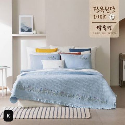 (K)박술녀 삶은광목 100%피그먼트 워싱 자수 이불+베개커버X2