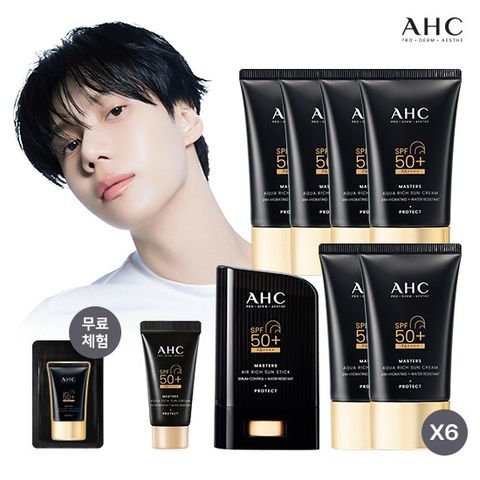 ★AHC 1등 썬★☆최초공개☆ AHC 마스터즈 아쿠아 리치 선크림 60ml 6통+10ml 1통+체험분+선스틱 22g 1통