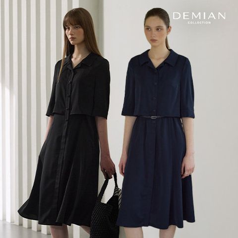 [데미안(DEMIAN)] 26SS 루미엘라 쉬폰 헤리티지 오픈 카라 썸머 원피스 1종 + 벨트 1종 (총 2종)(블랙,네이비)