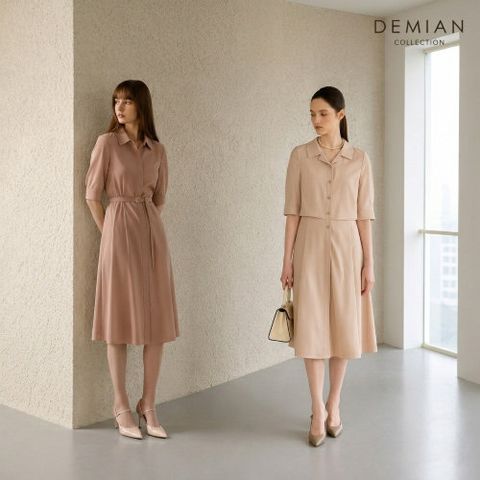 [데미안(DEMIAN)] 26SS 루미엘라 쉬폰 헤리티지 오픈 카라 썸머 원피스 1종 + 벨트 1종 (총 2종)(더스티핑크,샌드베이지)