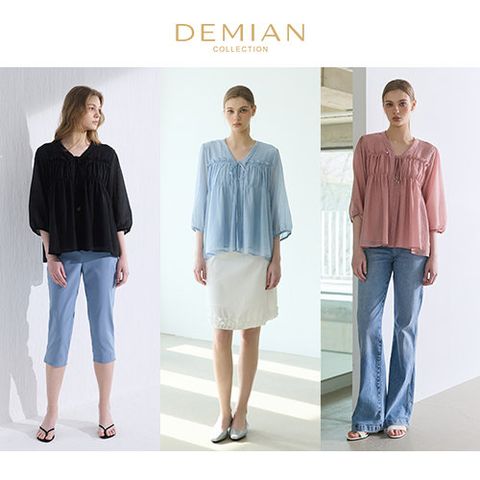 [데미안(DEMIAN)] 26SS 보헤미안 썸머 로맨틱 셔링 블라우스 2종(에어리블루/로즈핑크)
