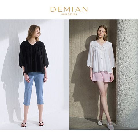 [데미안(DEMIAN)] 26SS 보헤미안 썸머 로맨틱 셔링 블라우스 2종(아이보리)