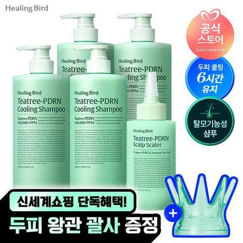 단독혜택] 힐링버드 티트리 PDRN 쿨링샴푸 1000ml 4통  두피스케일러 250g 1통 전고객 두피왕관괄사
