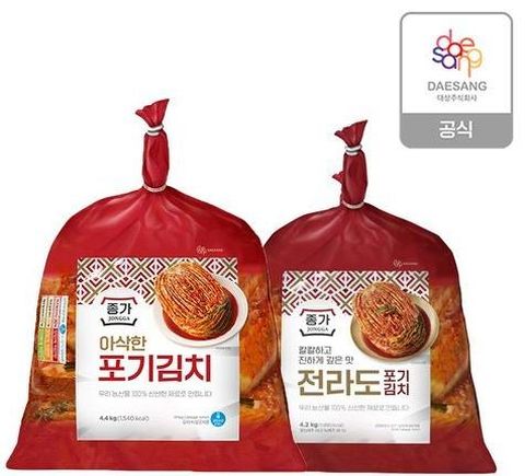[종가] (중부식)아삭한포기김치 4.4kg 1봉 +(전라도식)아삭한포기김치 4.2kg 1봉/ 총 8.6kg