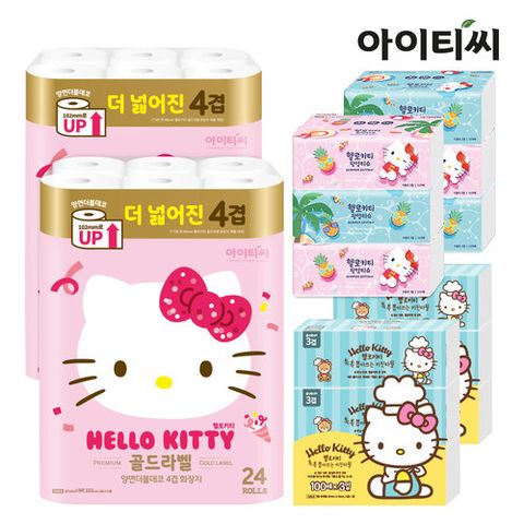 [런칭10주년] [썸머패키지] 헬로키티 골드라벨 4겹 24롤2팩+팝업티슈6팩+키친타올6팩