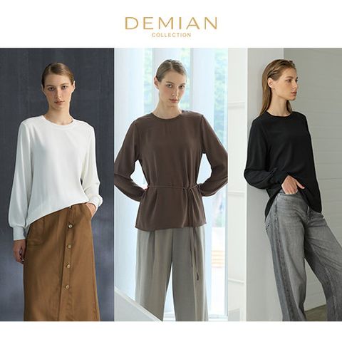[데미안(DEMIAN)] 26FW 타임리스 니팅 블럭 실키 플루이드 블라우스 3종