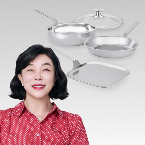 무연마제 스테인리스 통5중 프라이팬/웍 4종세트 (팬 28cm+사각팬 28cm+웍 24cm+유리뚜껑 24cm)