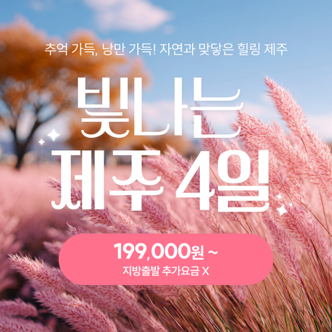 [*빛나는제주] 낭만가득 제주도 3박4일! 항공/호텔3연박/식사/관광/체험 199,000원부터!