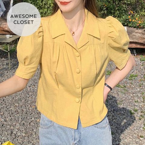 어썸클로젯 / 스프링 데일리 퍼프소매 카라 버튼 블라우