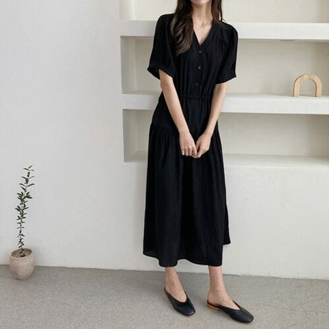 [AKMALL]여성 데이트룩 청순한 데일리룩 퍼프 브이넥 롱원피스
