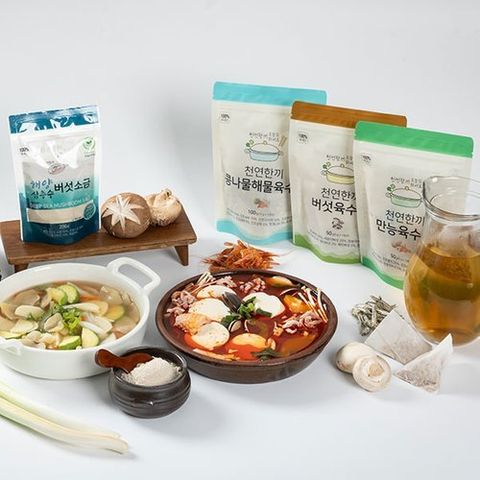 천연한끼 육수팩 3종과 해양심층수 버섯소금세트, 버섯 50g + 만능 50g + 콩나물해물 100g + 소금 200g
