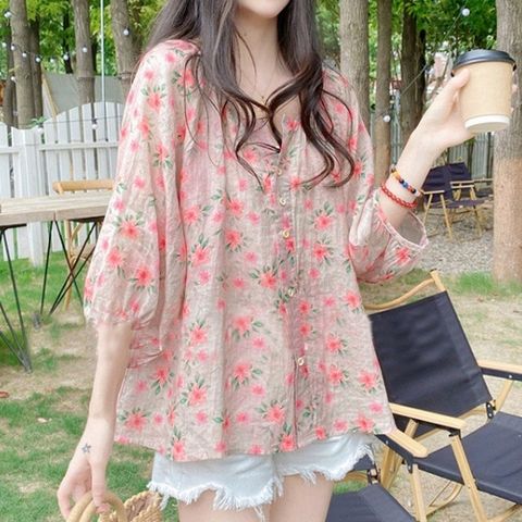[엄지척]여성 여름 퍼프 소매 꽃무늬 플라워 블라우스