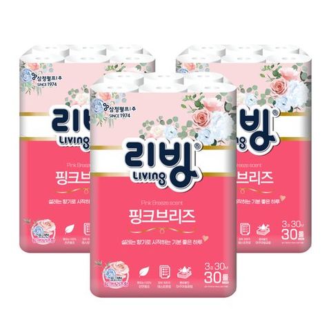 [삼정펄프]리빙 핑크브리즈 3겹 30롤 x 3팩 (총 90롤)