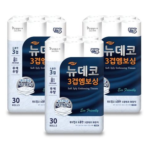 [삼정펄프]리빙 뉴데코 3겹엠보싱 30롤 x 3팩 (총 90롤)
