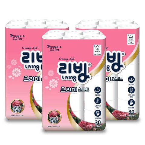[삼정펄프]리빙 크리미 소프트 화장지 3겹 30롤 x 3팩 (총 90롤)