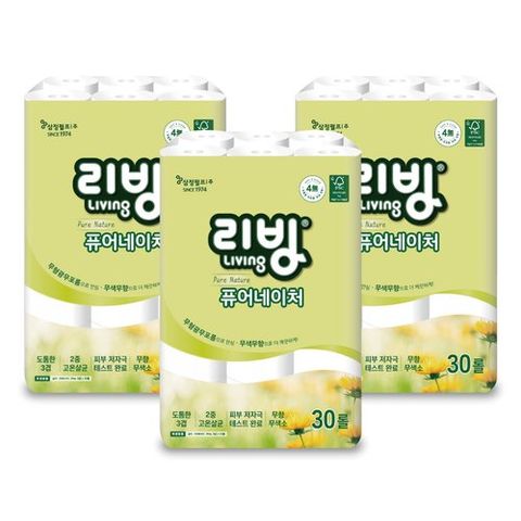 [삼정펄프]퓨어 네이처 3겹 화장지 30롤 X 3팩(총 90롤)