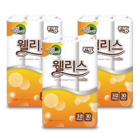 [삼정펄프]리빙 웰리스 화장지 3겹 30롤 x 3팩 (총 90롤)