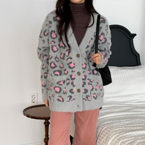 [다잇템] 여자 FW V넥 부드러운 호피 스웨터 덤블 가디건19338191588872