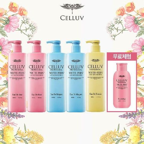 [기본] ♥ 방송에서만 무료체험 ♥ 셀럽 PDRN 샴푸 450ml x 5통 (로즈 x 2 + 뮤게 x 2 + 프리지아 x 1) + 체험분 로즈 200ml 패키지 