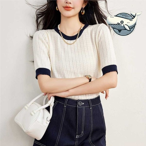 여성용 세련된 배색 니트 여름 데일리 상의