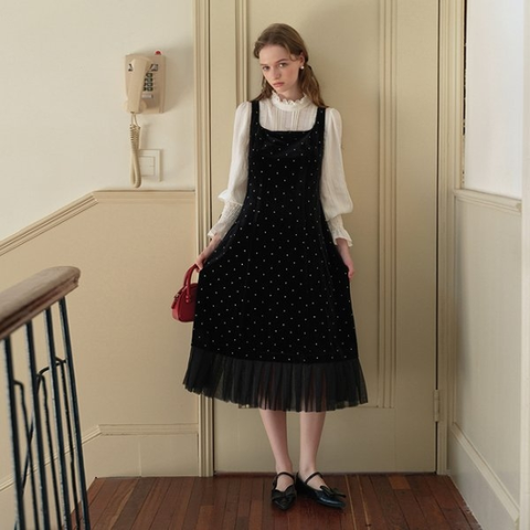 10/30예약배송 Cest Mesh polka dot velvet dress