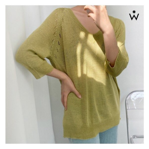 브이넥 펀칭 스카시 포인트 린넨 7부 니트 (WIBANT080) 