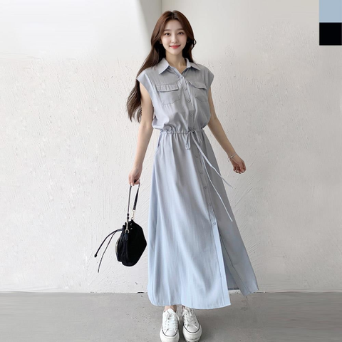 [옷자락] 여자 여름 페미닌 포켓 민소매 허리끈 카라 롱원피스