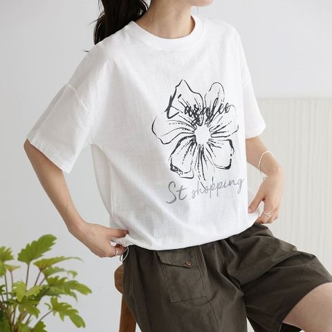 |CST9397|여성 꽃무늬 레터링 라운드넥 린넨 반팔 티셔츠