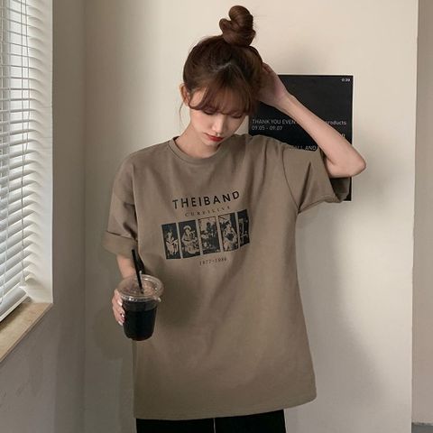 여성 빈티지 밴드 라운드넥 반팔 티셔츠 여자 반소매