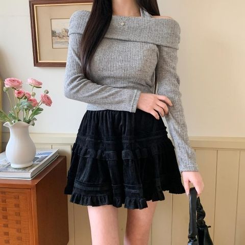 |KHT89C0|홀터넥 골지 여자 타이트 스판 보카시 오프숄더티셔츠