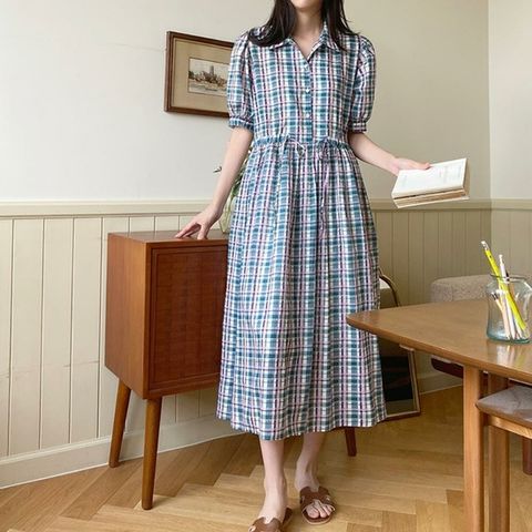 여자 여름 로맨틱 멀티컬러 체크 카라넥 퍼프 원피스