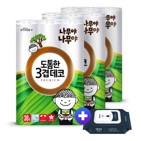 미래생활 나무야 나무야 도톰한 3겹 데코 화장지 30m 30롤 3팩 +노블 물티슈 20매