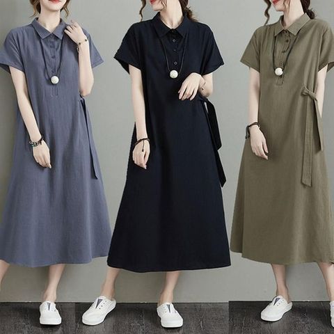 [오노마] ONM 3컬러 카라 면 린넨 포켓 반팔 롱 원피스 MA8184