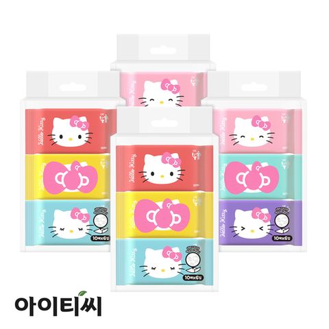 헬로키티 포켓핏 미니 물티슈(10매) 6개입X4팩 휴대용 생분해 물티슈