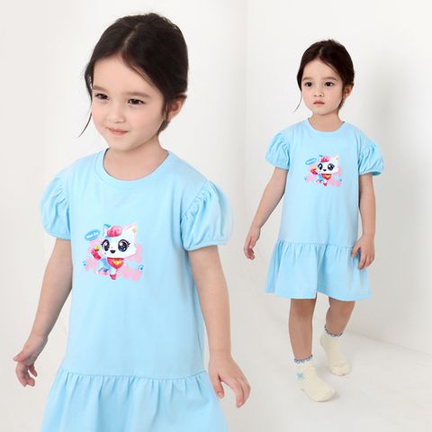 위시캣 여아용 코코냥 퍼프 소매 플레어 반팔 원피스BL
