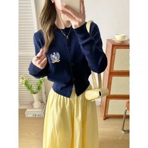 하늘색가디건 코발트블루가디건 UV 블루 그린 수 놓은 가디건 여성용 루즈핏 피트 캐주얼 스웨터 자켓 라운드넥 니트