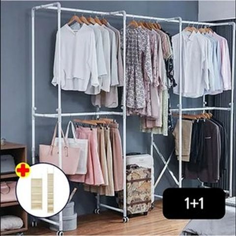 까사마루 접이식 키다리 행거 1+1세트(사은품 옷걸이봉2개)+린넨수납함 2종, 블랙, 1개