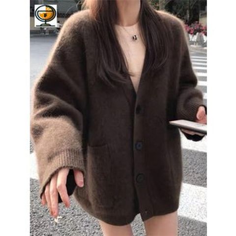 로브 라쿤 브이넥 롱 가디건 스웨터 캐주얼 넥